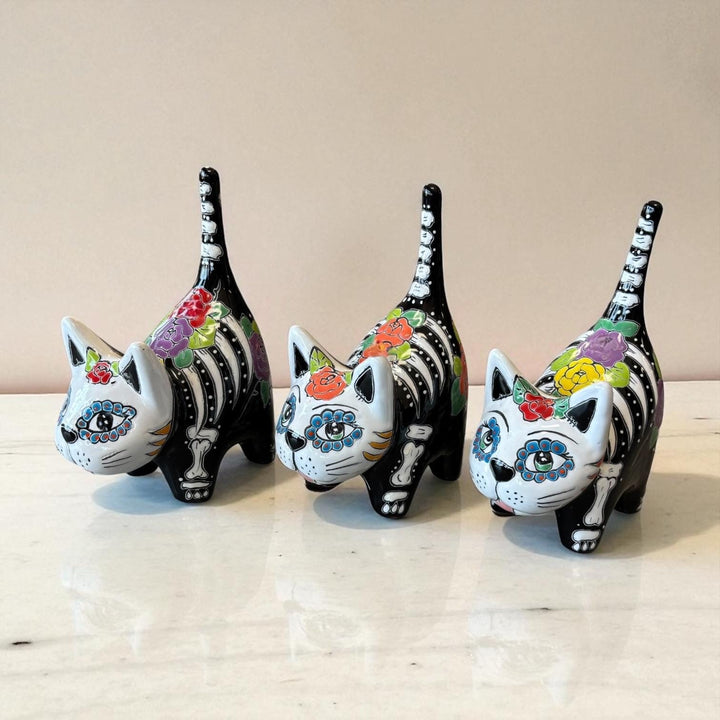 Cute Day of the Dead Hand Painted Talavera Floral Spooky Skeleton Cat Figure (Varying Design)