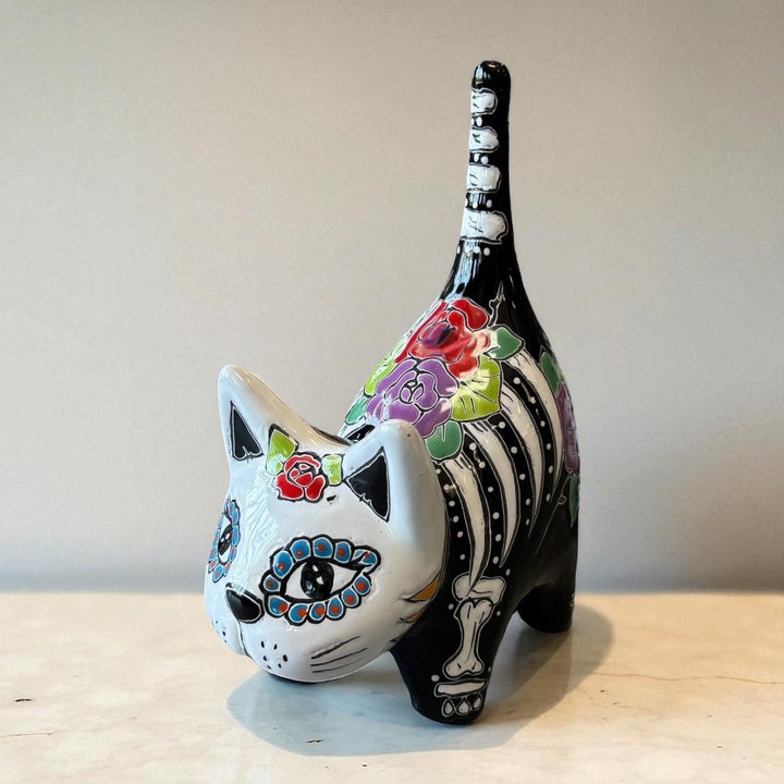 Cute Day of the Dead Hand Painted Talavera Floral Spooky Skeleton Cat Figure (Varying Design)