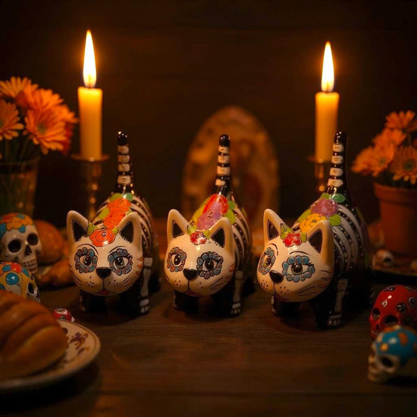 Cute Day of the Dead Hand Painted Talavera Floral Spooky Skeleton Cat Figure (Varying Design)