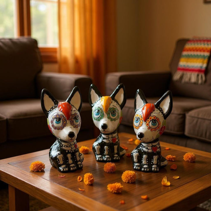 Cute Day of the Dead Hand Painted Talavera Floral Skeleton Xoloitzcuintli “Xolo” Mexican Dog Figure (Varying Design)