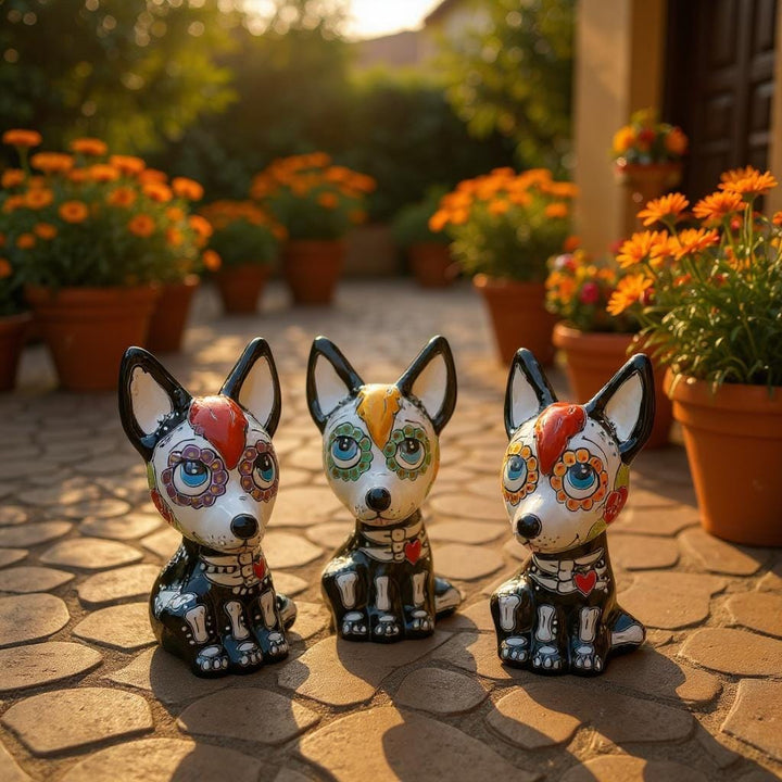 Cute Day of the Dead Hand Painted Talavera Floral Skeleton Xoloitzcuintli “Xolo” Mexican Dog Figure (Varying Design)