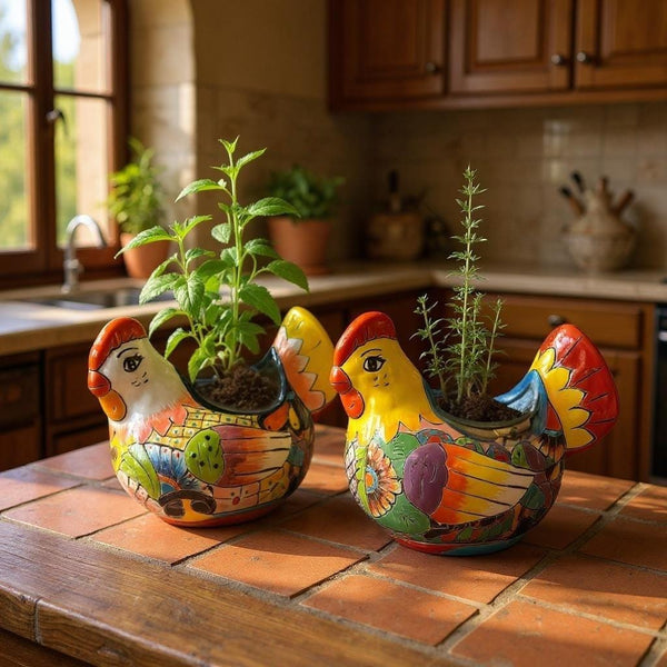 Beautiful Hand Painted Mexican Talavera Chicken Hen Planter Pot (Varying Design)