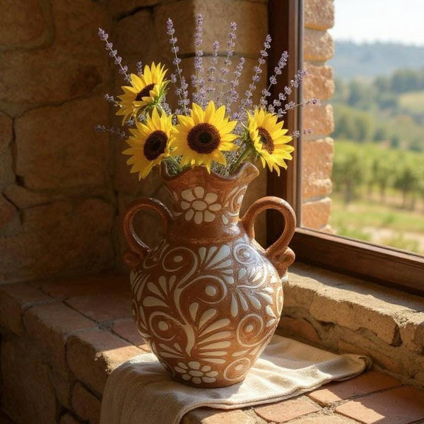 Hand Painted Talavera Brown and White Rustic Scalloped Rim Floral Vase