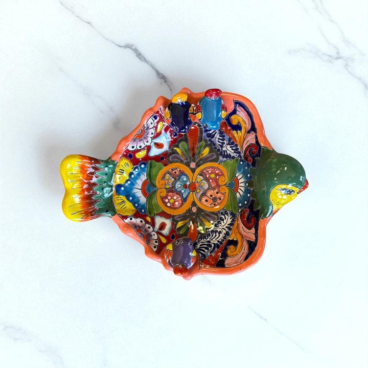 Hand Painted Mexican Talavera Tabletop Yellow Green & Coral Bird Bath