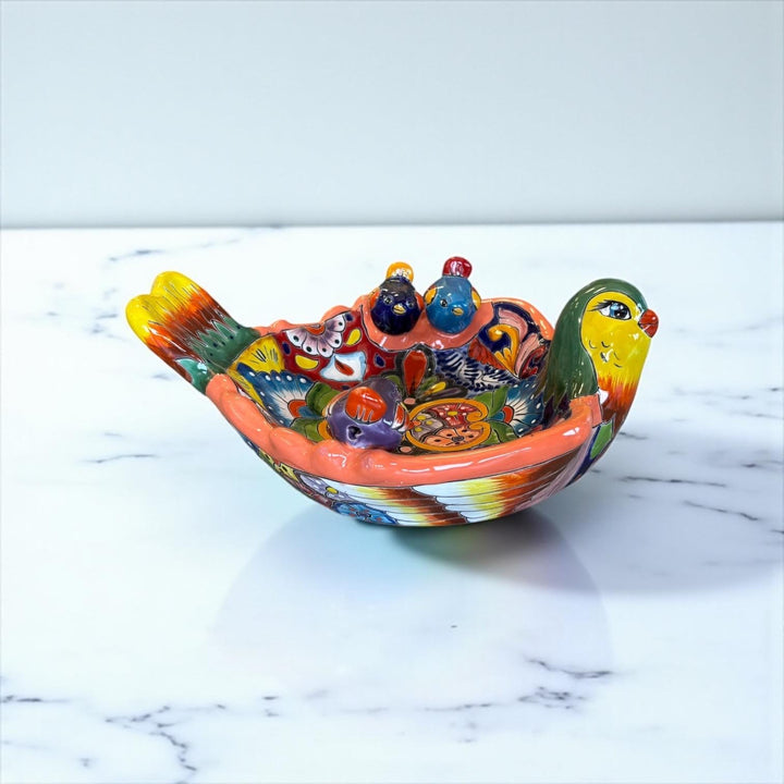 Hand Painted Mexican Talavera Tabletop Yellow Green & Coral Bird Bath