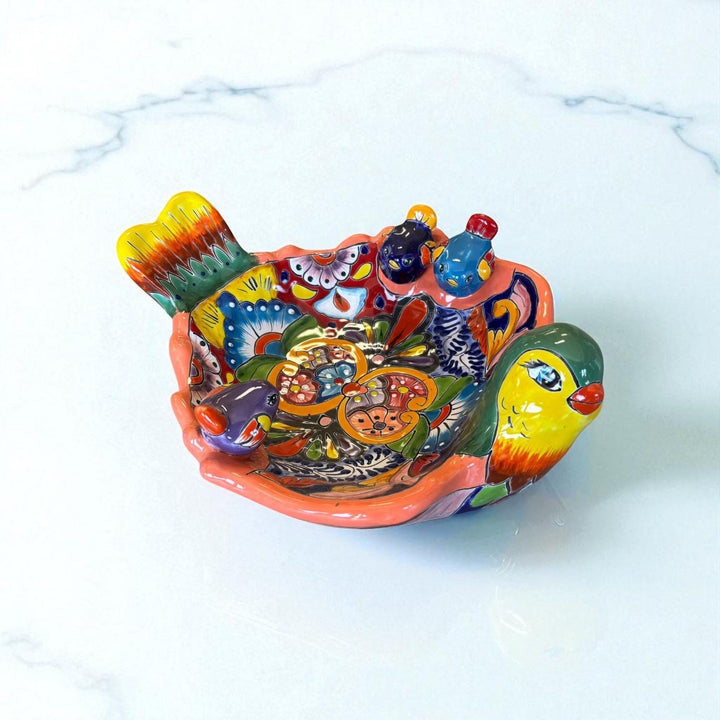 Hand Painted Mexican Talavera Tabletop Yellow Green & Coral Bird Bath