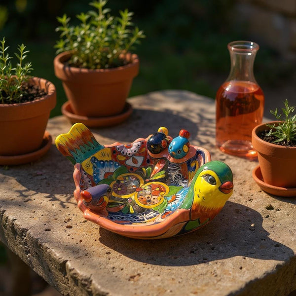 Hand Painted Mexican Talavera Tabletop Yellow Green & Coral Bird Bath