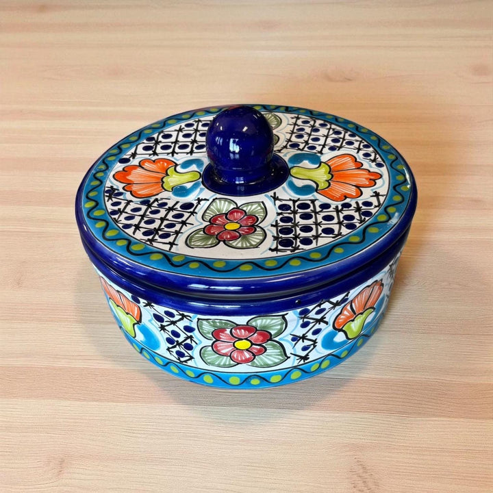 Hand Painted Dark Blue Floral Talavera Tortilla Warmer “Tortillero”