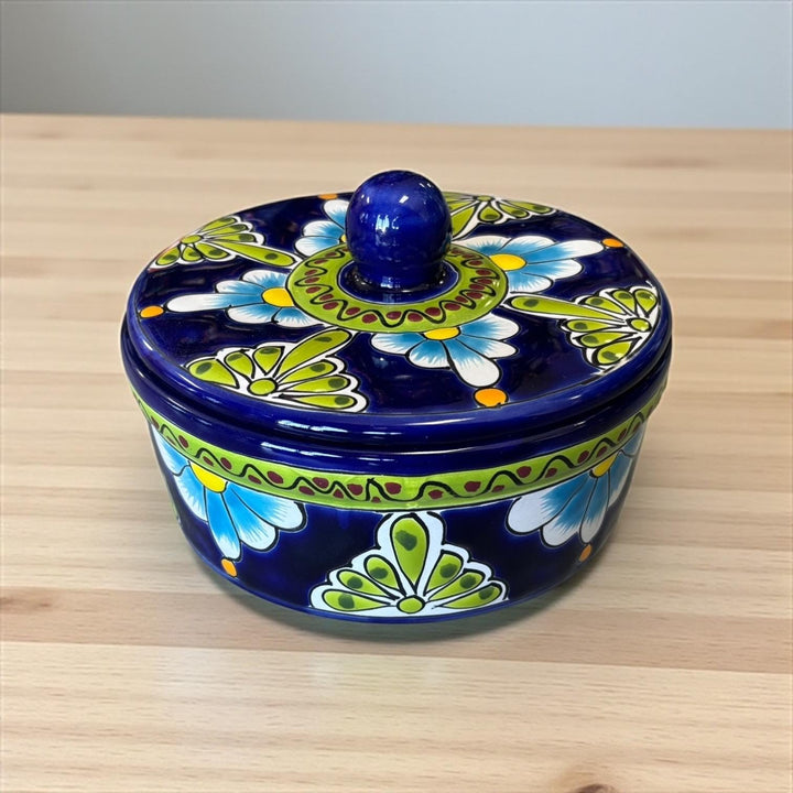 Hand Painted Dark Blue & Green Floral Mexican Talavera Tortilla Warmer “Tortillero”