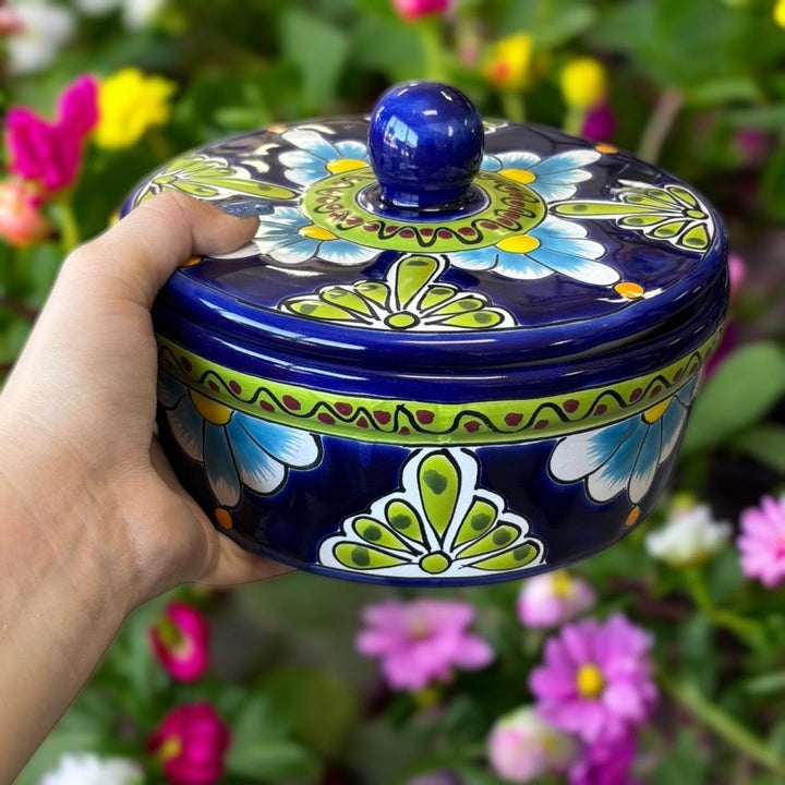 Hand Painted Dark Blue & Green Floral Mexican Talavera Tortilla Warmer “Tortillero”
