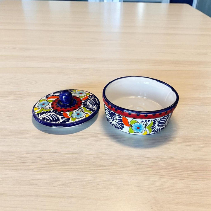 Hand Painted Dark Blue & Red Floral Mexican Talavera Tortilla Warmer “Tortillero”