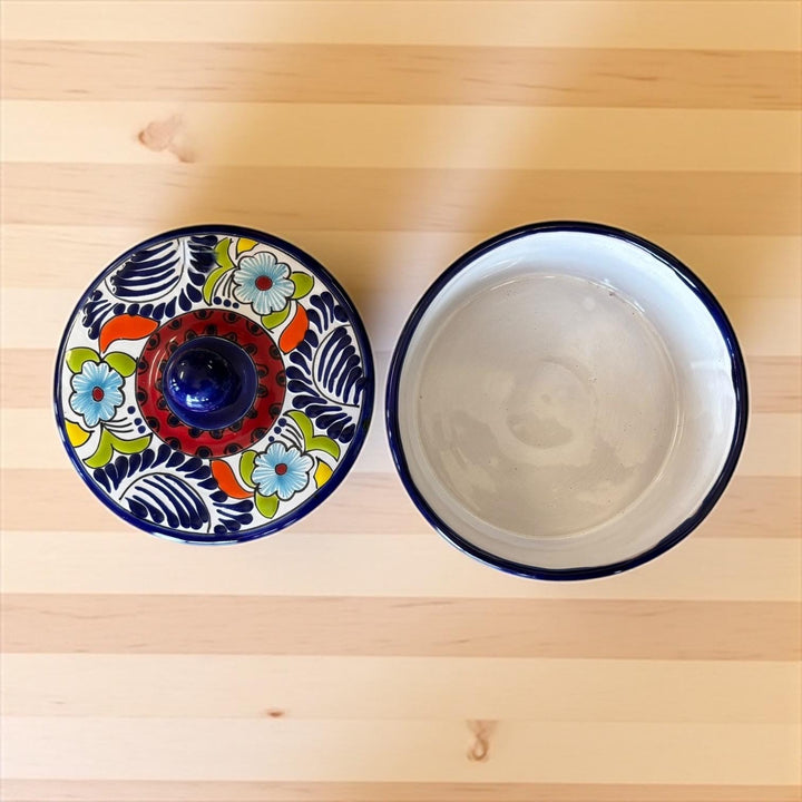 Hand Painted Dark Blue & Red Floral Mexican Talavera Tortilla Warmer “Tortillero”