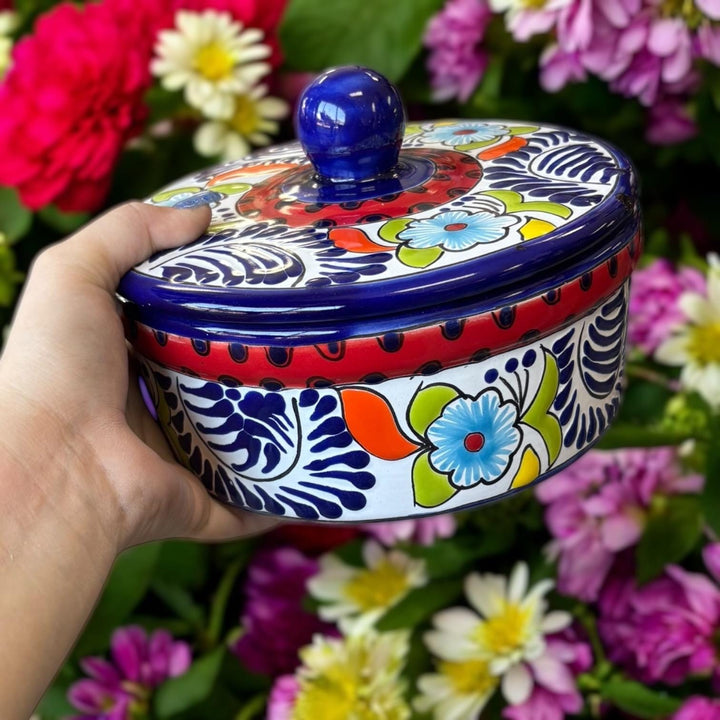 Hand Painted Dark Blue & Red Floral Mexican Talavera Tortilla Warmer “Tortillero”
