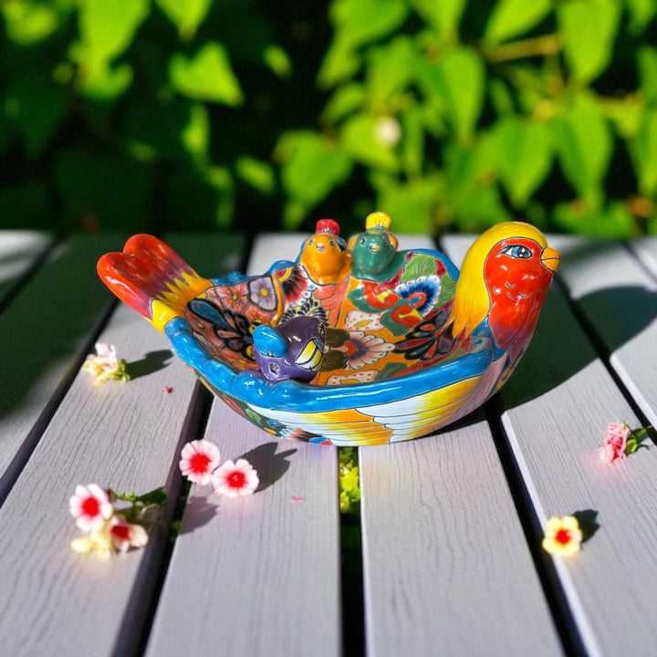Hand Painted Mexican Talavera Tabletop Red Orange Bird Bath