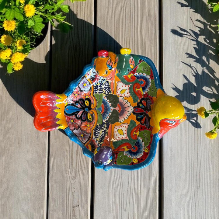 Hand Painted Mexican Talavera Tabletop Red Orange Bird Bath