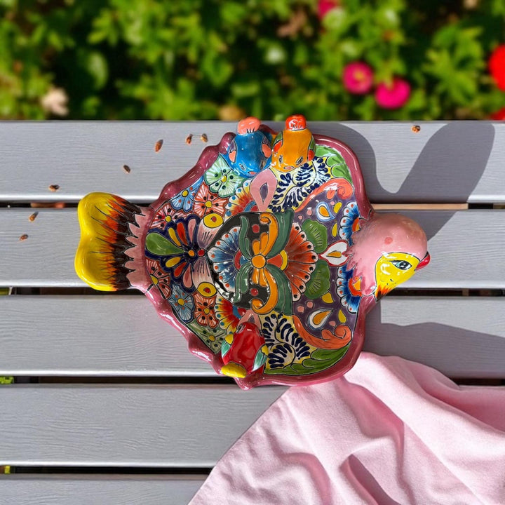 Beautiful Hand Painted Mexican Talavera Tabletop Yellow Bird Bath