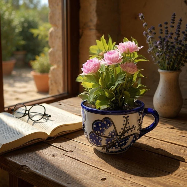 Beautiful Hand Painted Talavera Blue & White Butterfly Teacup Mug Planter Pot (Varying Design)