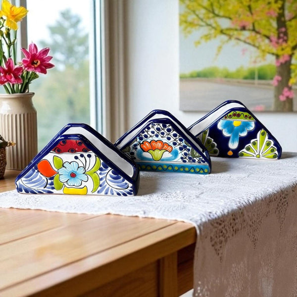 Hand Painted Talavera Dark Blue Floral Napkin Holder – Assorted Designs