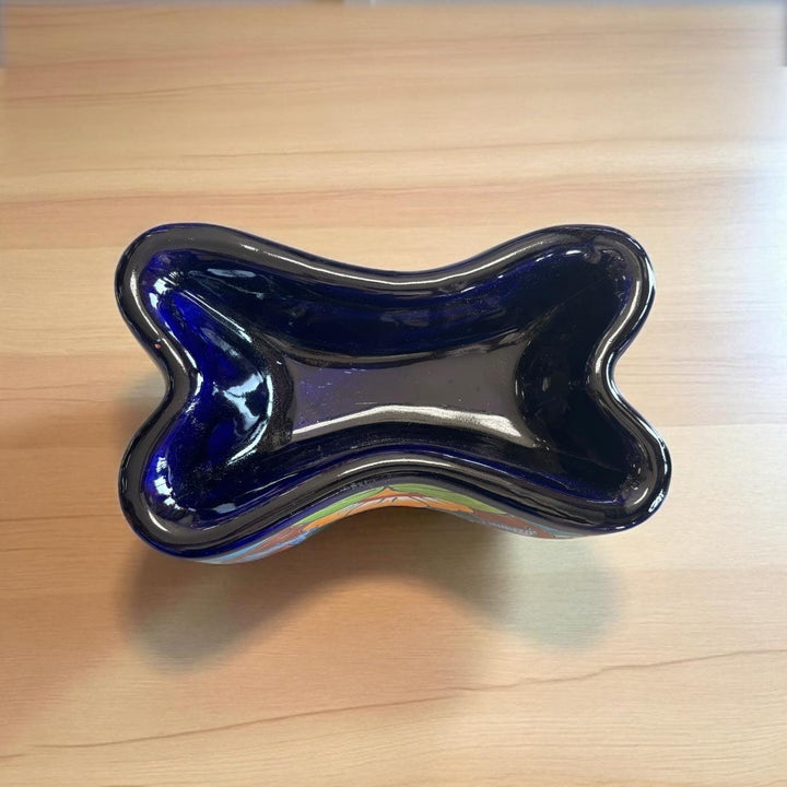 Handpainted Mexican Talavera Dark Blue Bone Dog Bowl (Varying Design)