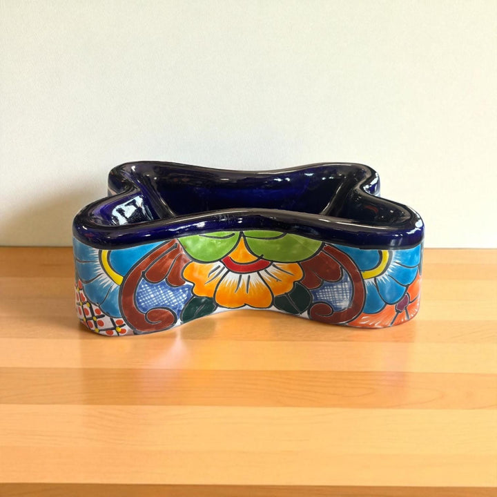 Handpainted Mexican Talavera Dark Blue Bone Dog Bowl (Varying Design)