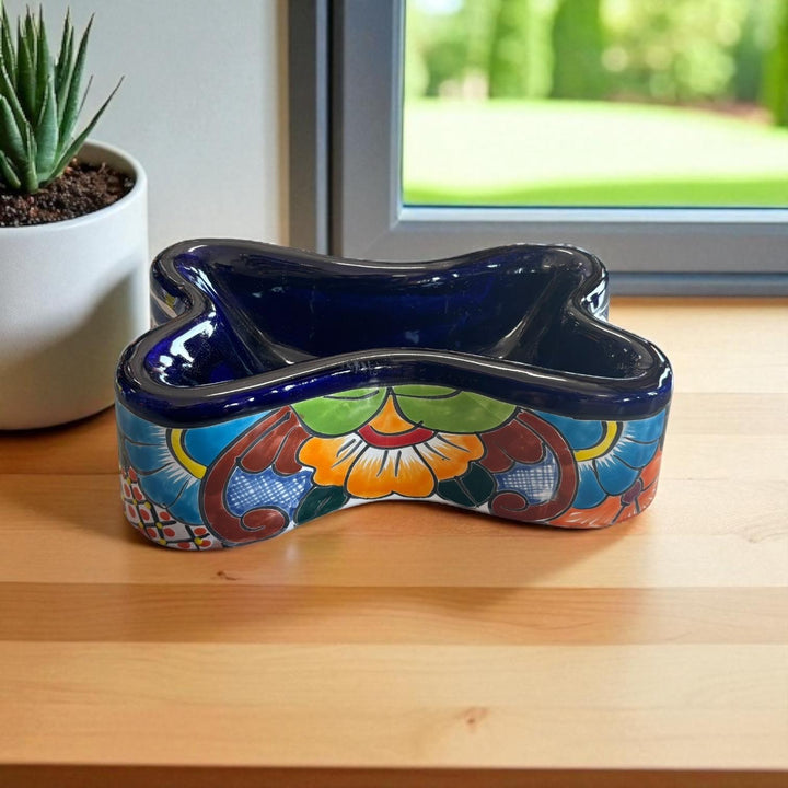 Handpainted Mexican Talavera Dark Blue Bone Dog Bowl (Varying Design)