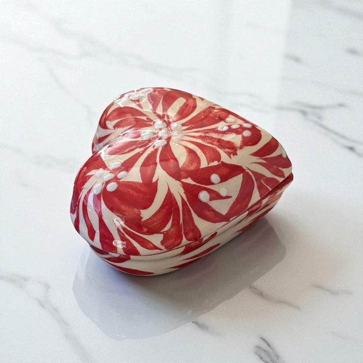 Hand Painted Ivory and Red Talavera Heart Jewelry Trinket Box