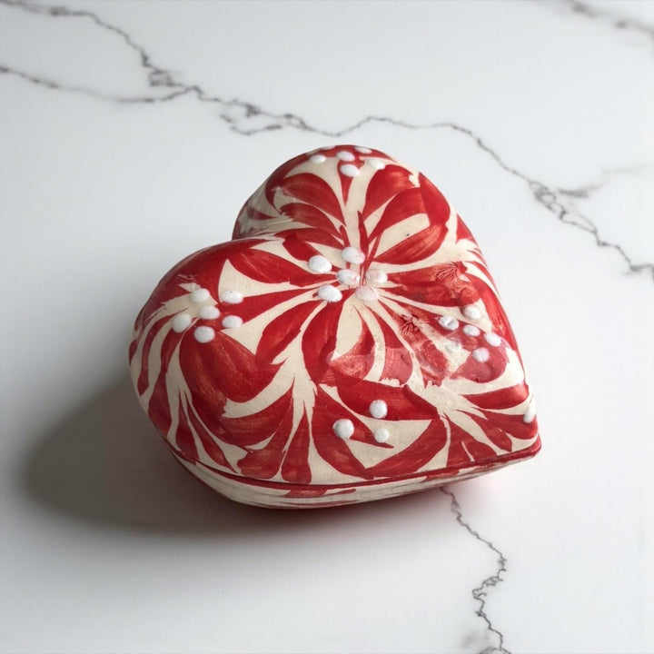 Hand Painted Ivory and Red Talavera Heart Jewelry Trinket Box