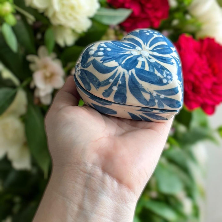 Hand Painted Ivory and Light Blue Talavera Heart Jewelry Trinket Box