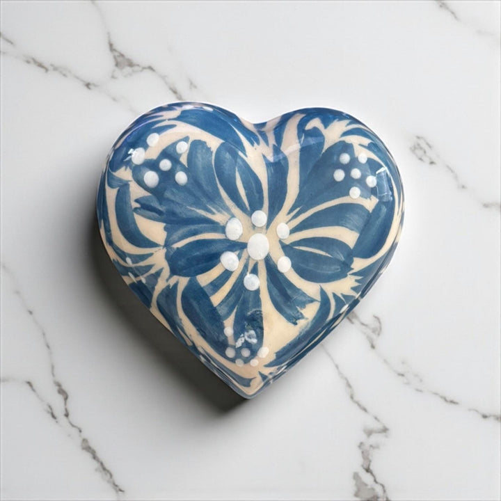 Hand Painted Ivory and Light Blue Talavera Heart Jewelry Trinket Box