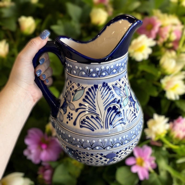 Beautiful Hand Painted Ivory & Dark Blue Floral Talavera Pitcher and 6 Cups Set