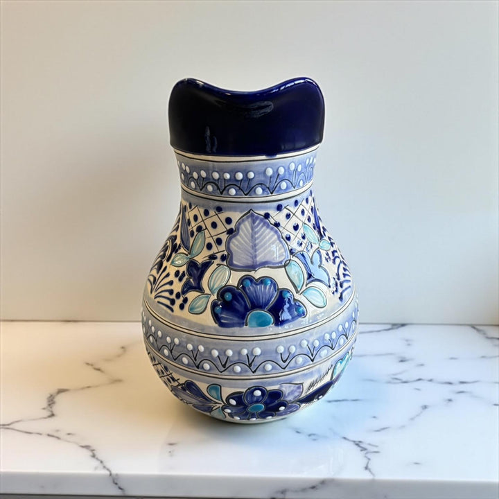 Beautiful Hand Painted Ivory & Dark Blue Floral Talavera Pitcher and 6 Cups Set