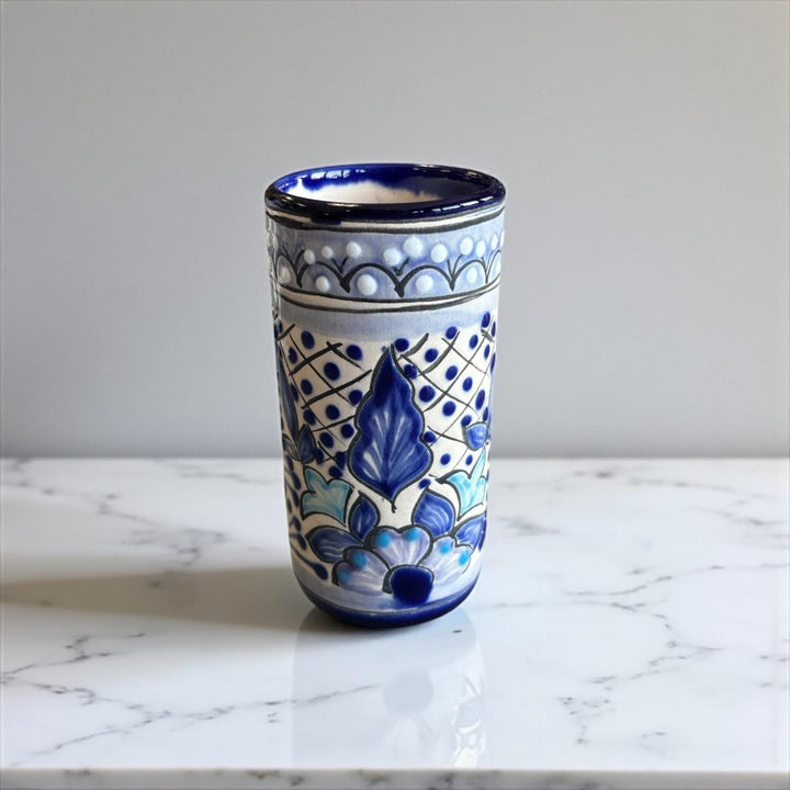 Beautiful Hand Painted Ivory & Dark Blue Floral Talavera Pitcher and 6 Cups Set