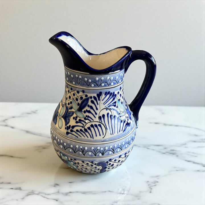 Beautiful Hand Painted Ivory & Dark Blue Floral Talavera Pitcher and 6 Cups Set