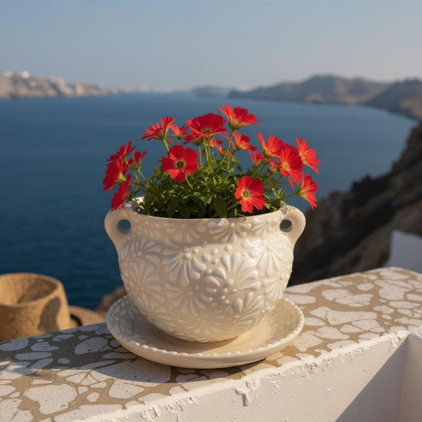 Dainty Ivory and White Hand Painted Planter Pot with Handles & Saucer