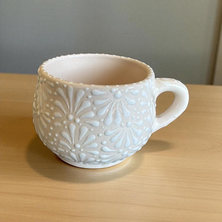 Beautiful Hand Painted Mexican Talavera Ivory and White Small Tea Cup & Saucer