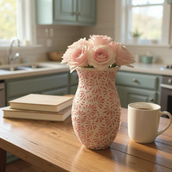 Hand Painted Ivory and Pink Talavera Flower Vase (Cielito Lindo Inspired)