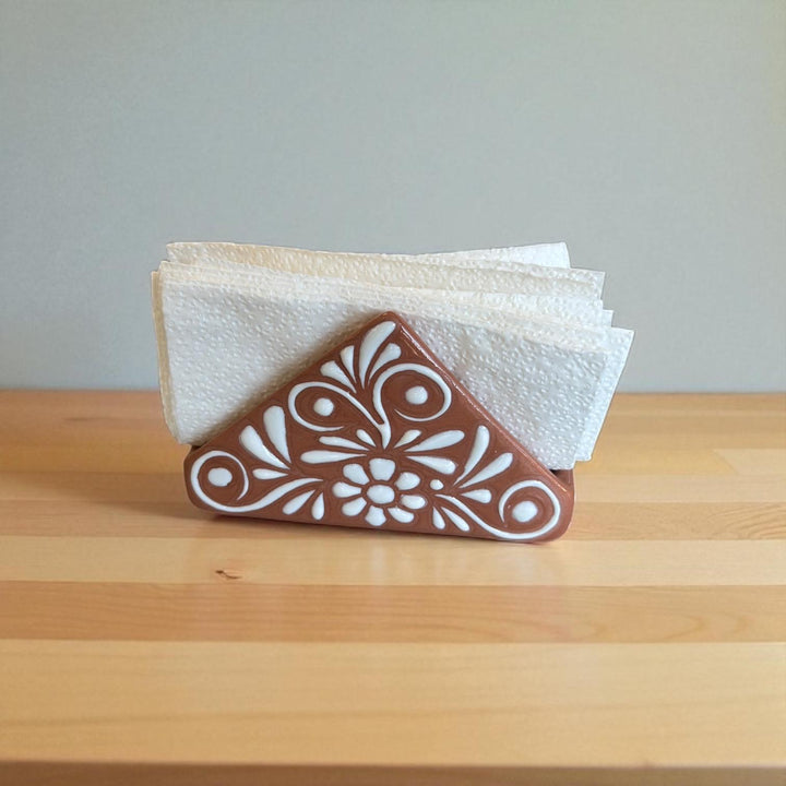 Hand Painted Talavera Rustic Brown and White Triangular Floral Napkin Holder