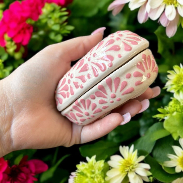 Hand Painted Ivory and Pink Talavera Heart Jewelry Trinket Box
