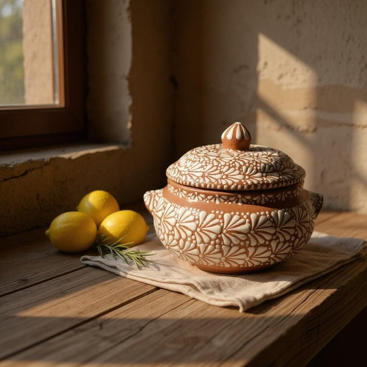 Hand Painted Brown and White Talavera Tureen Soup Serving Bowl with Lid “Sopera” (Cielito Lindo Inspired)