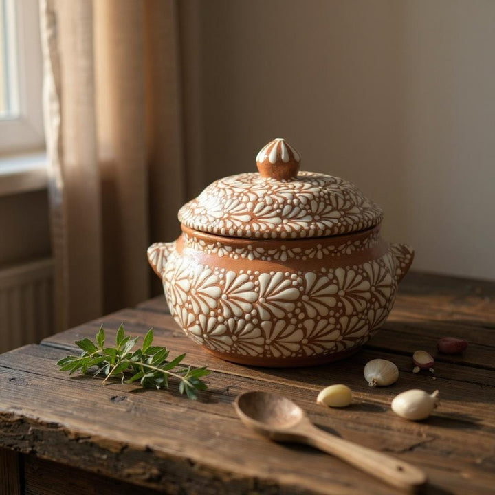 Hand Painted Brown and White Talavera Tureen Soup Serving Bowl with Lid “Sopera” (Cielito Lindo Inspired)