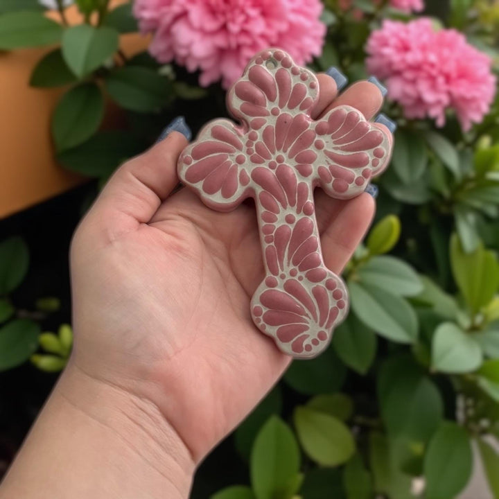 Hand Painted Traditional White and Pink Talavera Cross Wall Decor