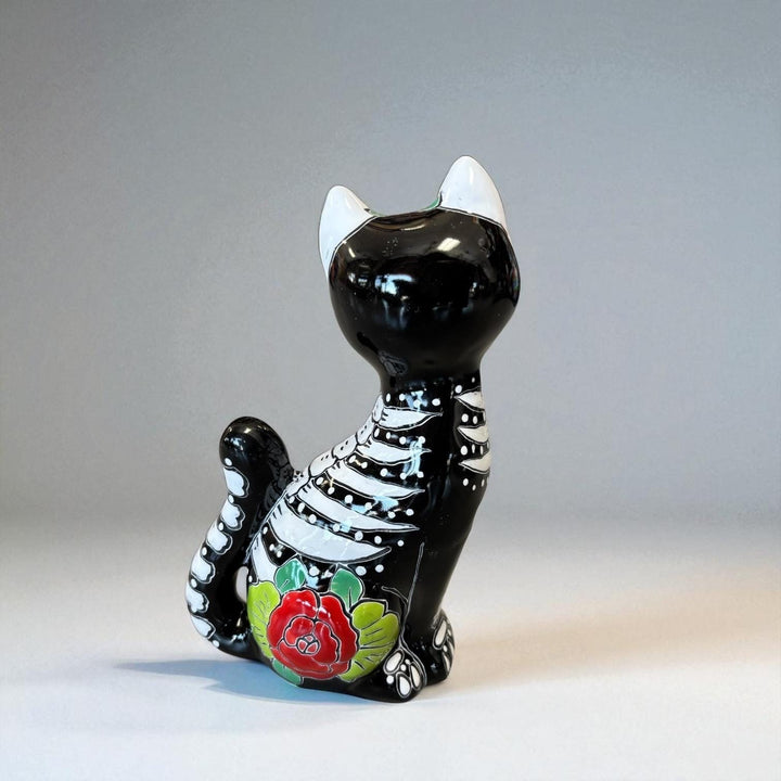 Day of the Dead Hand Painted Talavera Floral Skeleton Cat Figure (Varying Design)