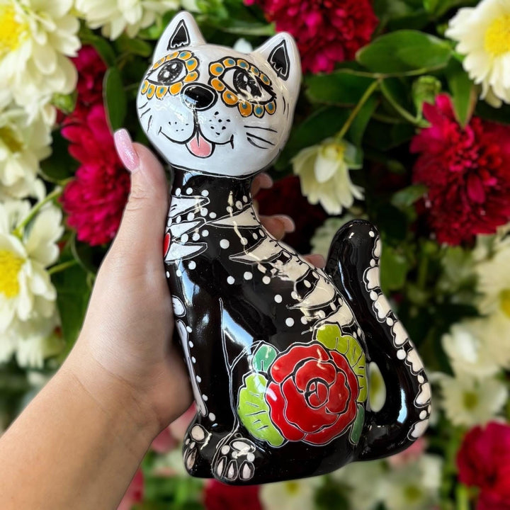 Day of the Dead Hand Painted Talavera Floral Skeleton Cat Figure (Varying Design)