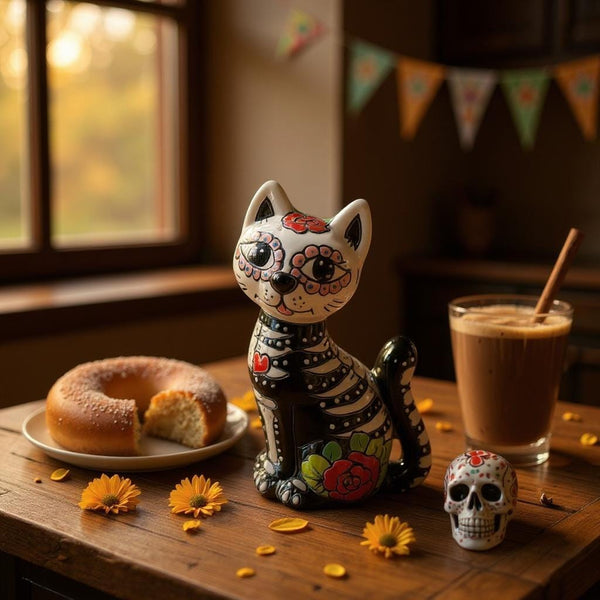 Day of the Dead Hand Painted Talavera Floral Skeleton Cat Figure (Varying Design)