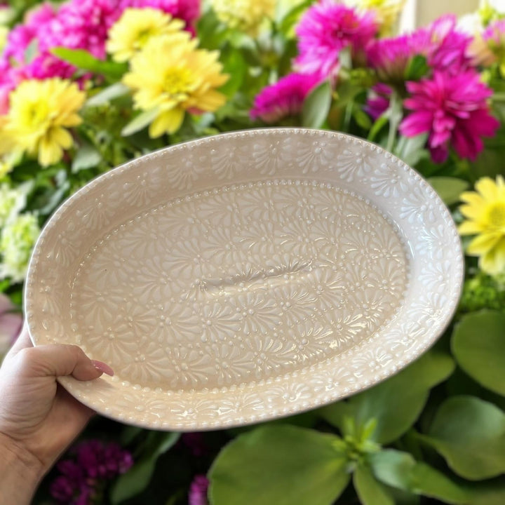 Hand Painted Talavera Ivory and White Oval Dish Platter (Cielito Lindo Inspired)
