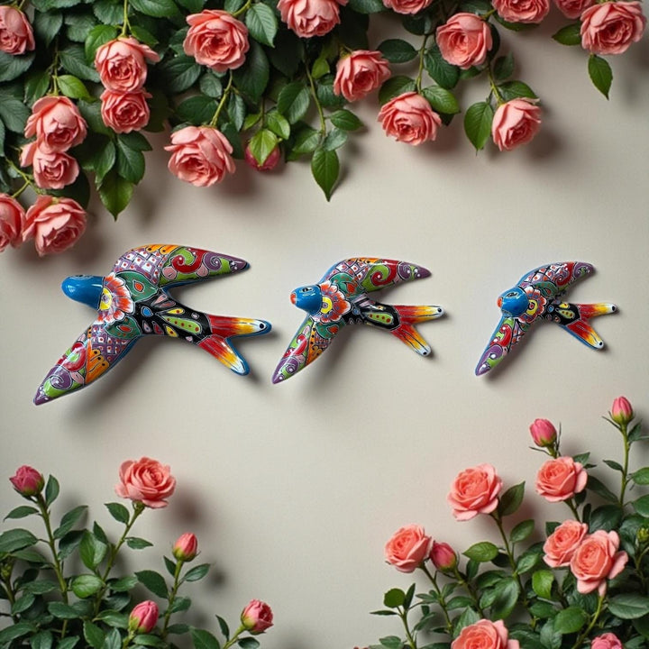 Hand Painted Talavera 3-Piece Swallow Set Garden Wall Decor – Assorted Designs