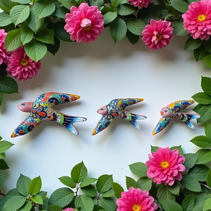 Hand Painted Talavera 3-Piece Swallow Set Garden Wall Decor – Assorted Designs