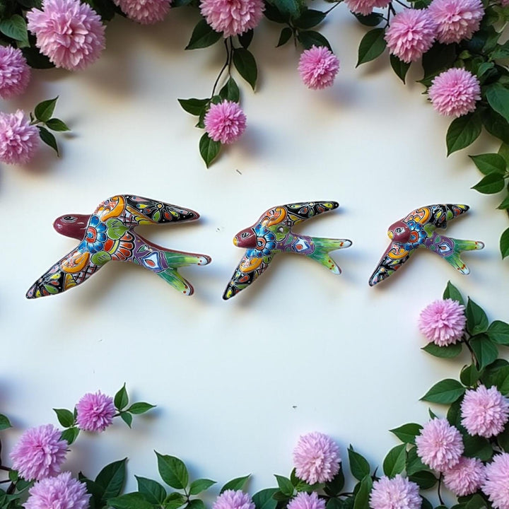 Hand Painted Talavera 3-Piece Swallow Set Garden Wall Decor – Assorted Designs