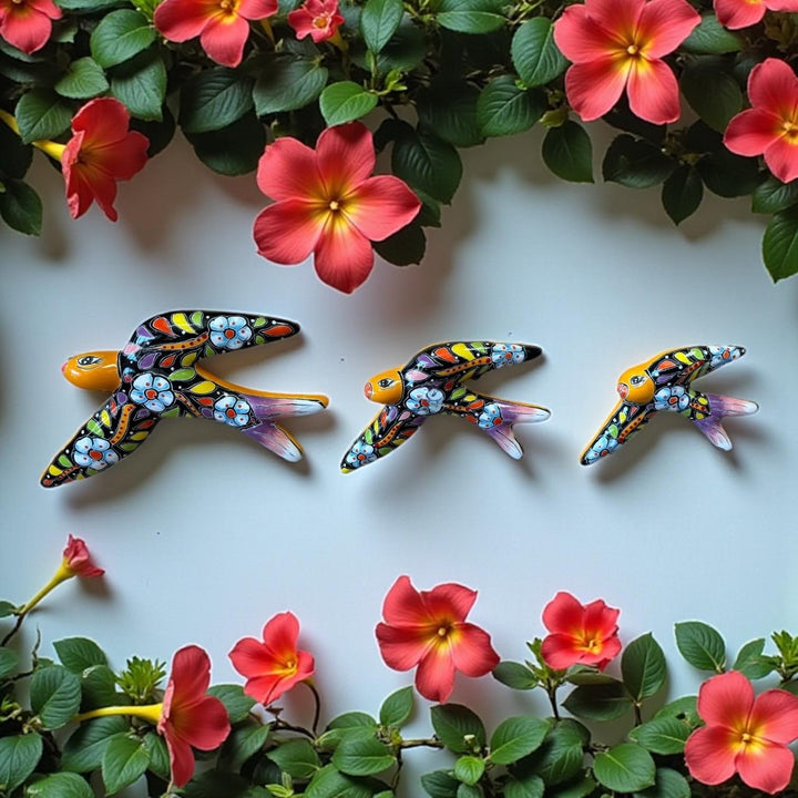 Hand Painted Talavera 3-Piece Swallow Set Garden Wall Decor – Assorted Designs