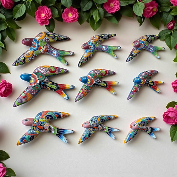 Hand Painted Talavera 3-Piece Swallow Set Garden Wall Decor – Assorted Designs